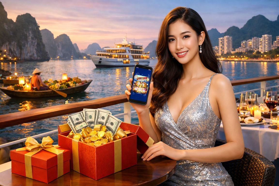 Người chơi trải nghiệm casino di động trên vịnh Hạ Long với smartphone