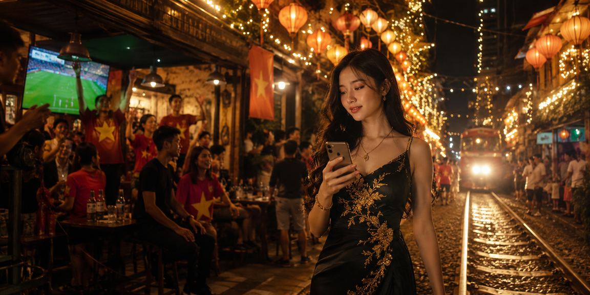 Người dùng kiểm tra tài khoản casino trên điện thoại tại chợ đêm Hà Nội